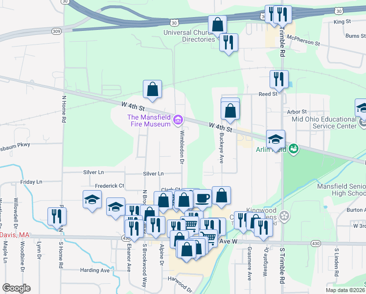 map of restaurants, bars, coffee shops, grocery stores, and more near 246 Wimbledon Drive in Mansfield