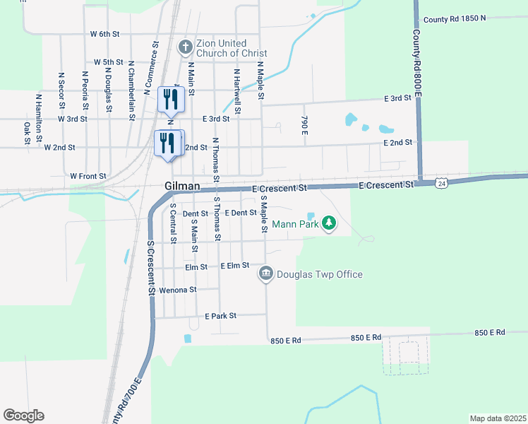 map of restaurants, bars, coffee shops, grocery stores, and more near 223 South Maple Street in Gilman