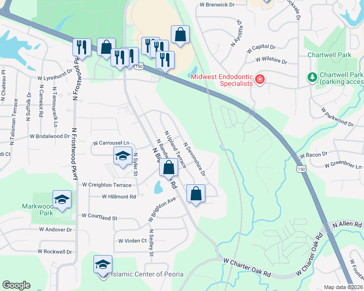 map of restaurants, bars, coffee shops, grocery stores, and more near 6338 North Upland Terrace in Peoria