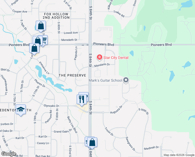 map of restaurants, bars, coffee shops, grocery stores, and more near 4730 South 85th Circle in Lincoln