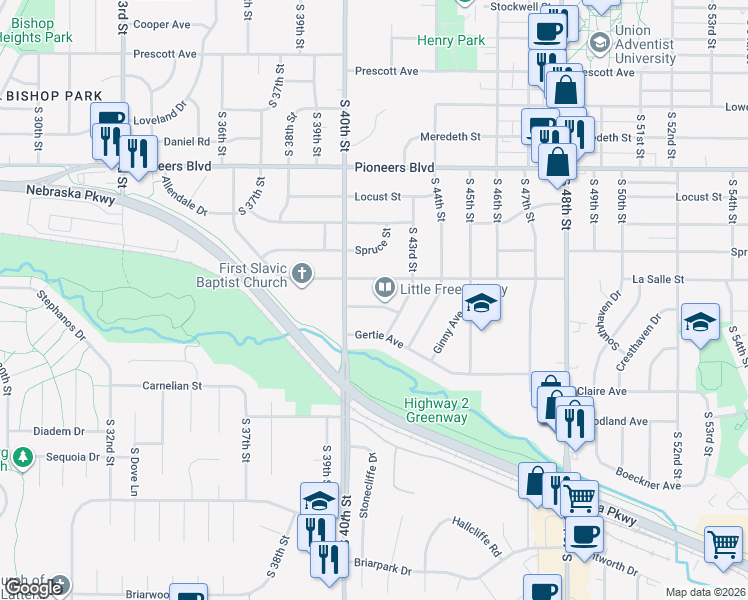 map of restaurants, bars, coffee shops, grocery stores, and more near 4210 Fran Avenue in Lincoln