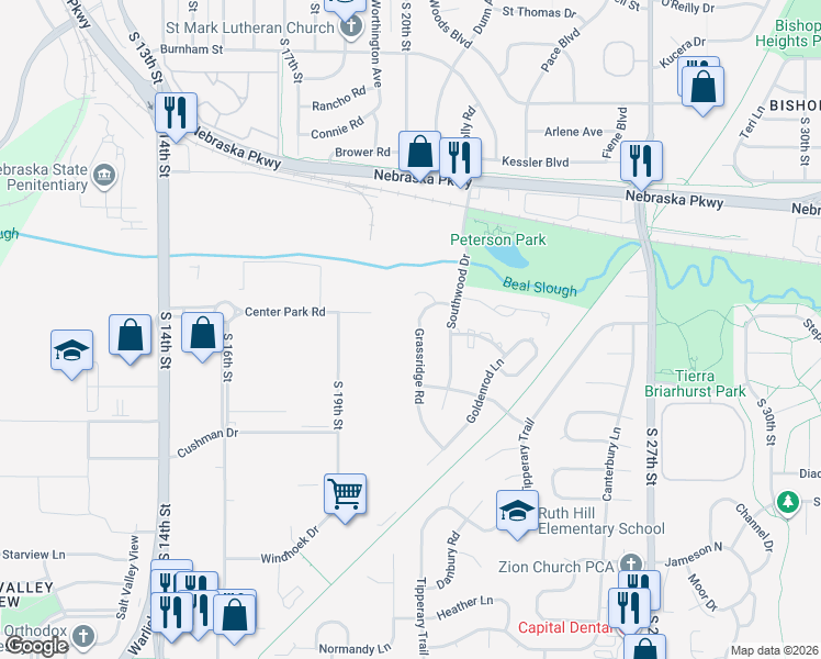 map of restaurants, bars, coffee shops, grocery stores, and more near 4700 Grassridge Road in Lincoln