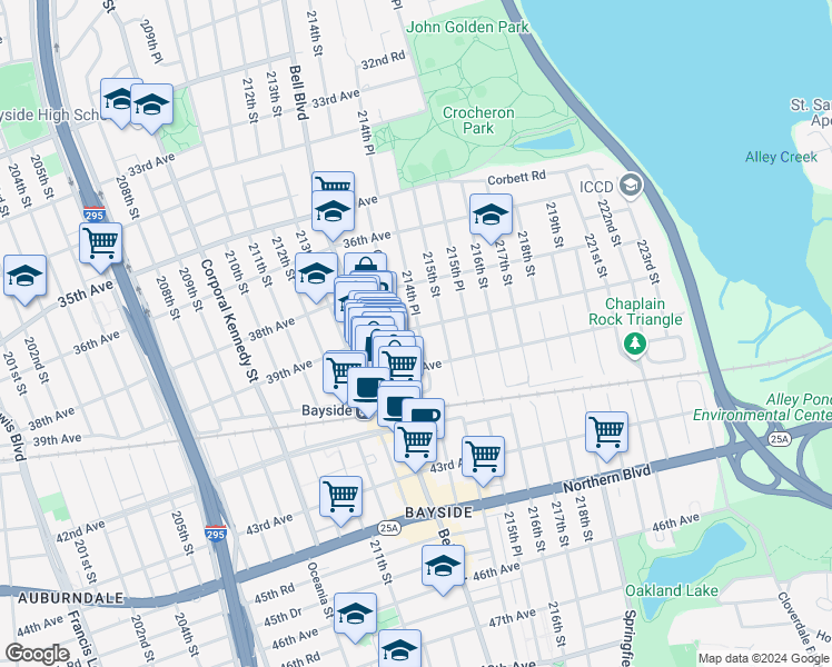 map of restaurants, bars, coffee shops, grocery stores, and more near 39-2 214th Place in Queens