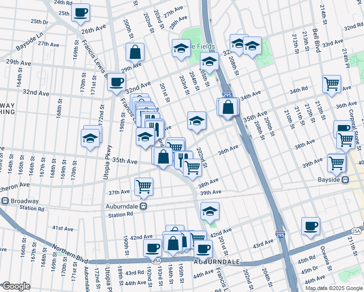 map of restaurants, bars, coffee shops, grocery stores, and more near 34-50 201st Street in Queens