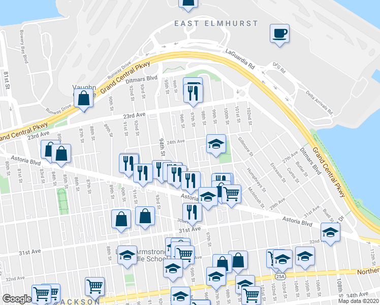 map of restaurants, bars, coffee shops, grocery stores, and more near 24-25 96th Street in Queens