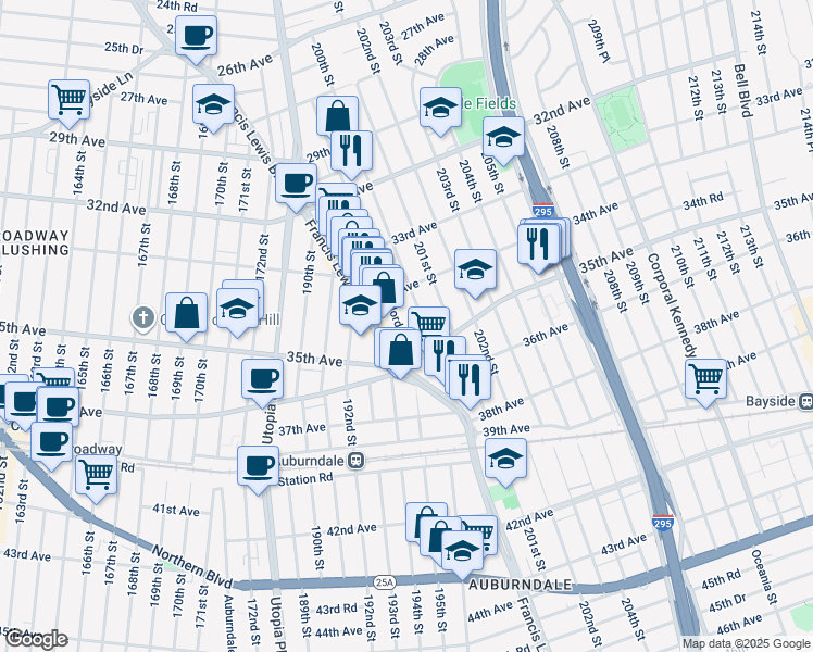 map of restaurants, bars, coffee shops, grocery stores, and more near 34-31 Jordan Street in Queens