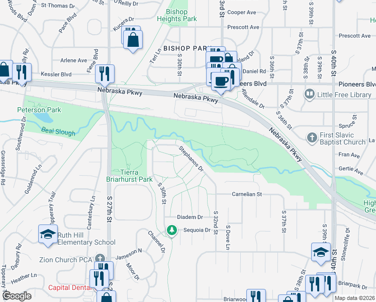 map of restaurants, bars, coffee shops, grocery stores, and more near 3065 Stephanos Drive in Lincoln