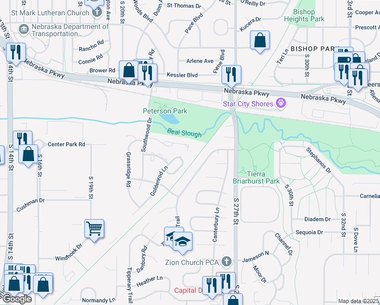 map of restaurants, bars, coffee shops, grocery stores, and more near 2343 Goldenrod Circle in Lincoln