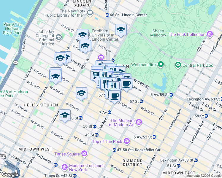 map of restaurants, bars, coffee shops, grocery stores, and more near 211 West 56th Street in New York
