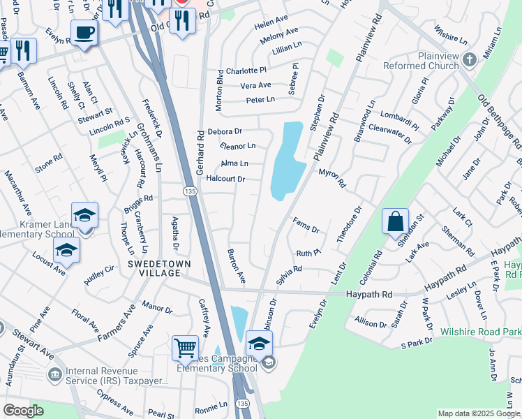 map of restaurants, bars, coffee shops, grocery stores, and more near 77 Debora Drive in Plainview