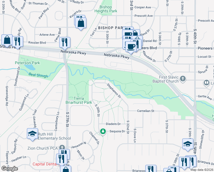 map of restaurants, bars, coffee shops, grocery stores, and more near 3065 Stephanos Drive in Lincoln