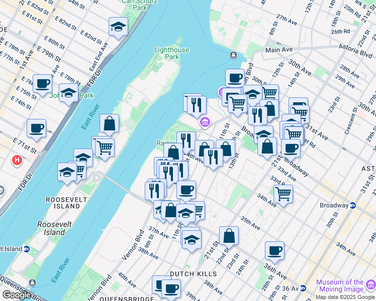 map of restaurants, bars, coffee shops, grocery stores, and more near 33-44 9th Street in Queens