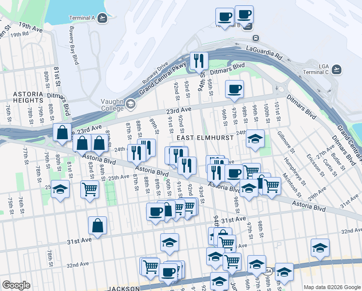 map of restaurants, bars, coffee shops, grocery stores, and more near 24-08 92nd Street in Queens