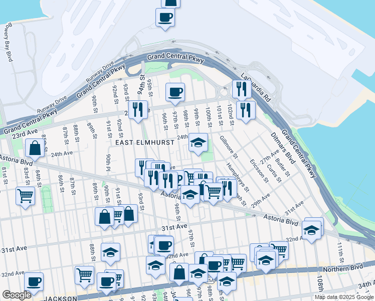 map of restaurants, bars, coffee shops, grocery stores, and more near 24-28 98th Street in Queens