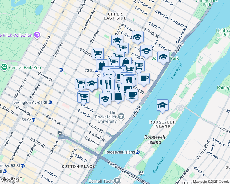map of restaurants, bars, coffee shops, grocery stores, and more near 409 East 69th Street in New York