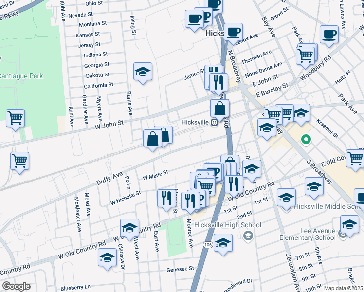 map of restaurants, bars, coffee shops, grocery stores, and more near 116 Duffy Avenue in Hicksville