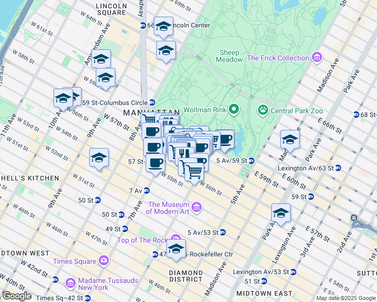 map of restaurants, bars, coffee shops, grocery stores, and more near 150 West 58th Street in New York