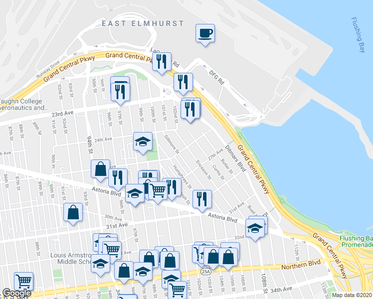 map of restaurants, bars, coffee shops, grocery stores, and more near 25-2 Ericsson Street in Queens