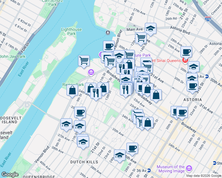 map of restaurants, bars, coffee shops, grocery stores, and more near 13-04 33rd Avenue in Queens