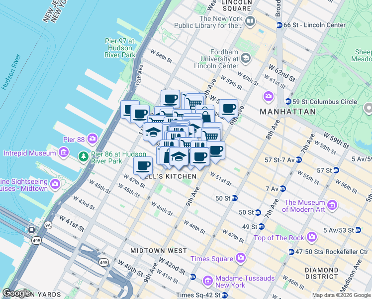map of restaurants, bars, coffee shops, grocery stores, and more near 456 West 52nd Street in New York