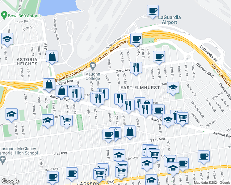 map of restaurants, bars, coffee shops, grocery stores, and more near 24-02 90th Place in Queens