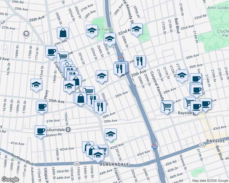 map of restaurants, bars, coffee shops, grocery stores, and more near 35-32 204th Street in Queens