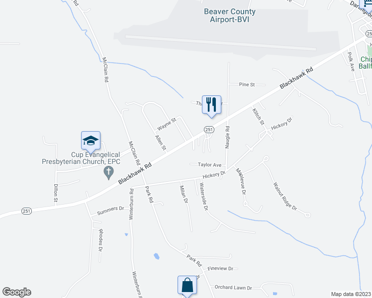 map of restaurants, bars, coffee shops, grocery stores, and more near 409 Blackhawk Road in Beaver Falls