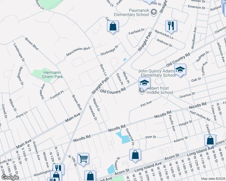 map of restaurants, bars, coffee shops, grocery stores, and more near 29 Old Country Road in Deer Park