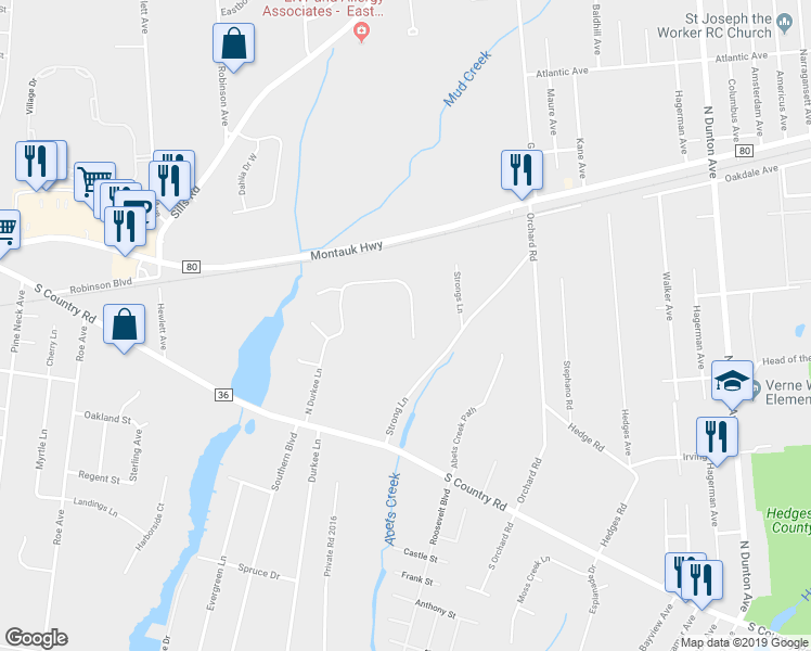 map of restaurants, bars, coffee shops, grocery stores, and more near 35 North Durkee Lane in East Patchogue