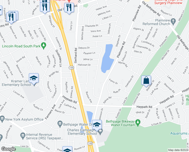 map of restaurants, bars, coffee shops, grocery stores, and more near 77 Debora Drive in Plainview