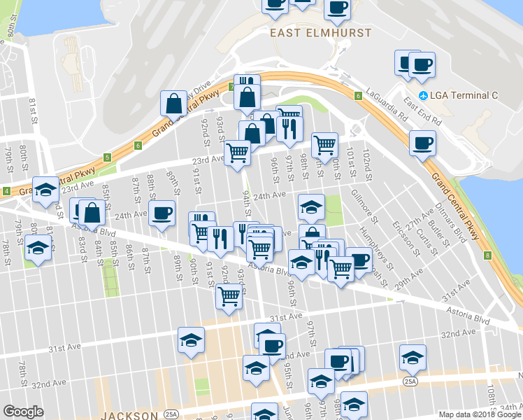 map of restaurants, bars, coffee shops, grocery stores, and more near 24-16 95th Street in Queens