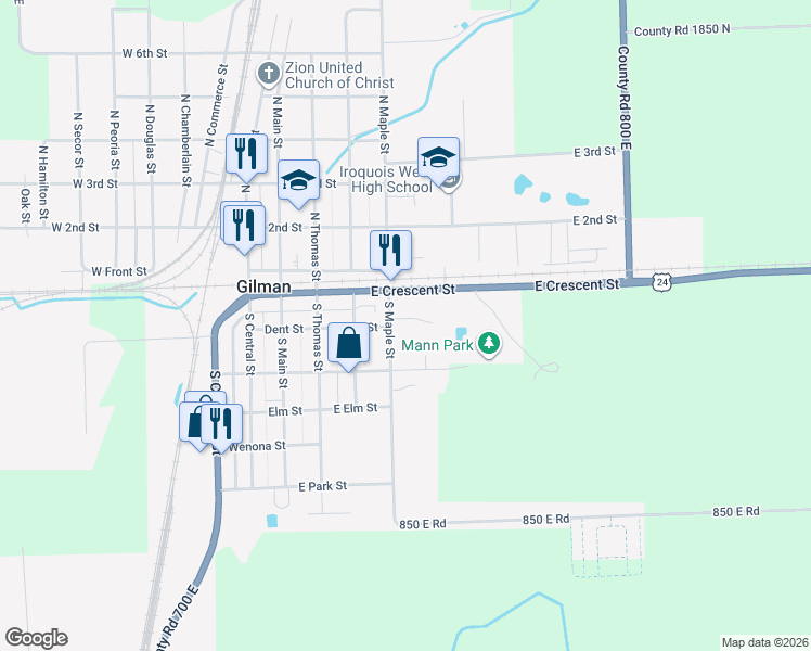 map of restaurants, bars, coffee shops, grocery stores, and more near 223 South Maple Street in Gilman