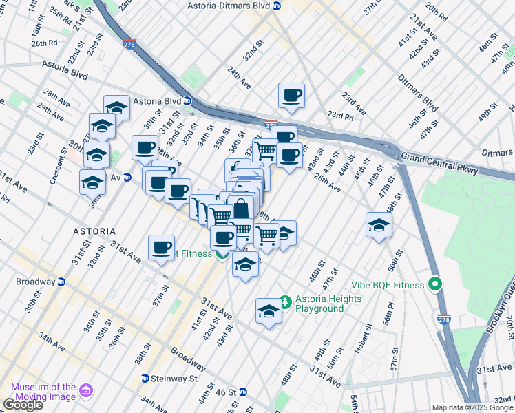 map of restaurants, bars, coffee shops, grocery stores, and more near 25-95 Steinway Street in Queens