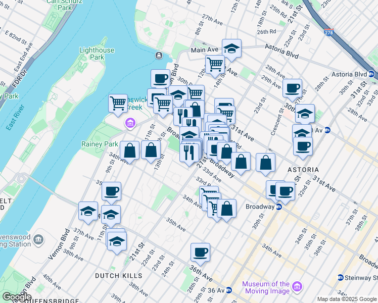 map of restaurants, bars, coffee shops, grocery stores, and more near 14-30 Broadway in Queens