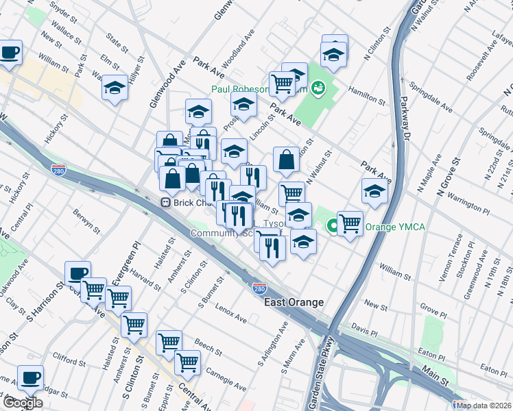 map of restaurants, bars, coffee shops, grocery stores, and more near 23 North Clinton Street in East Orange