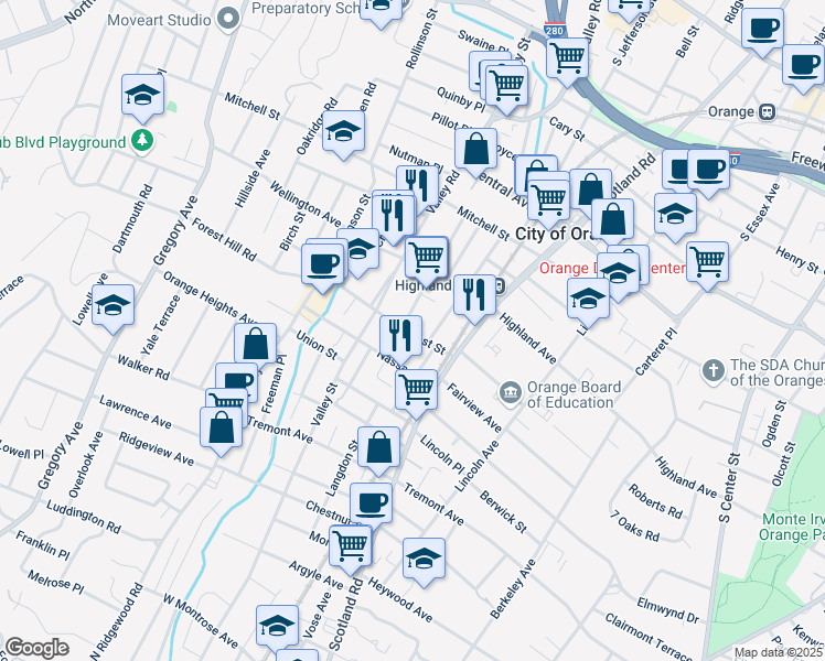map of restaurants, bars, coffee shops, grocery stores, and more near 585 Forest Street in City of Orange