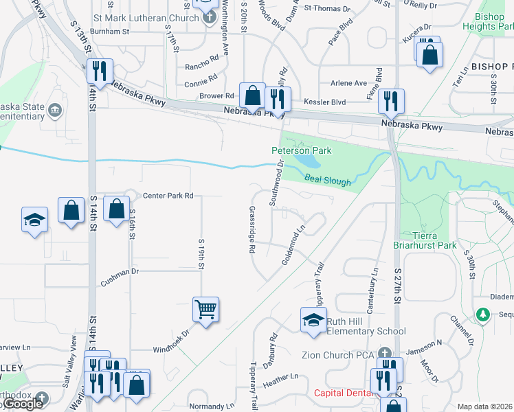 map of restaurants, bars, coffee shops, grocery stores, and more near 4700 Grassridge Road in Lincoln