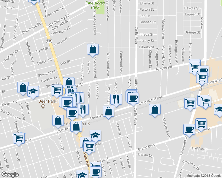 map of restaurants, bars, coffee shops, grocery stores, and more near 15 Taca Boulevard in Deer Park