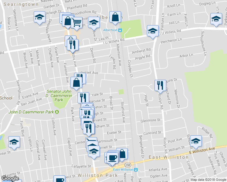 map of restaurants, bars, coffee shops, grocery stores, and more near 99 Yale Street in Williston Park