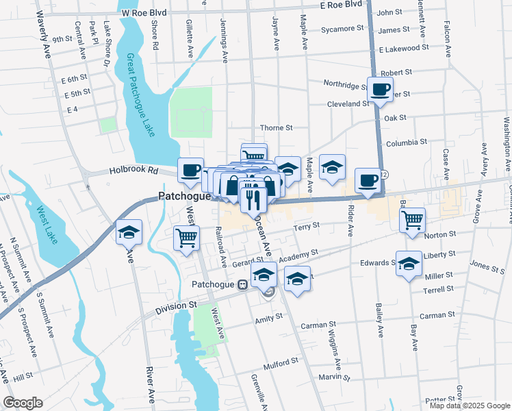 map of restaurants, bars, coffee shops, grocery stores, and more near 8 West Main Street in Patchogue