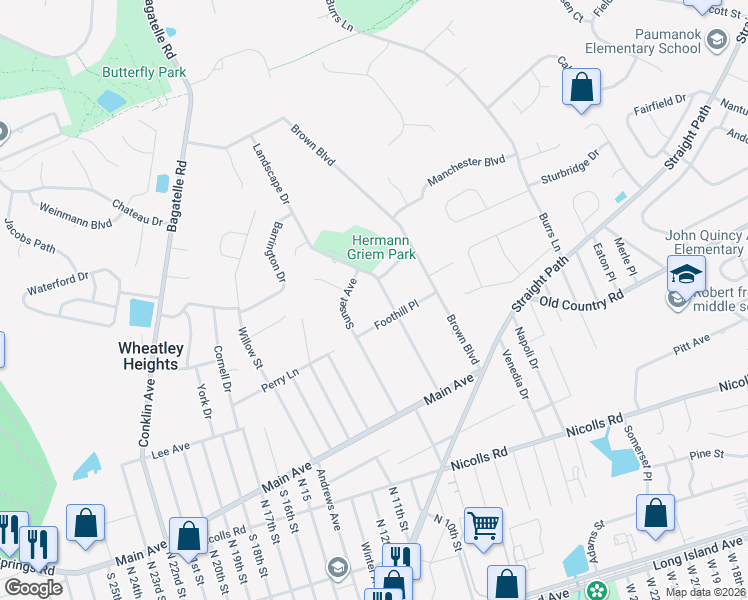 map of restaurants, bars, coffee shops, grocery stores, and more near 56 Landscape Drive in Wheatley Heights
