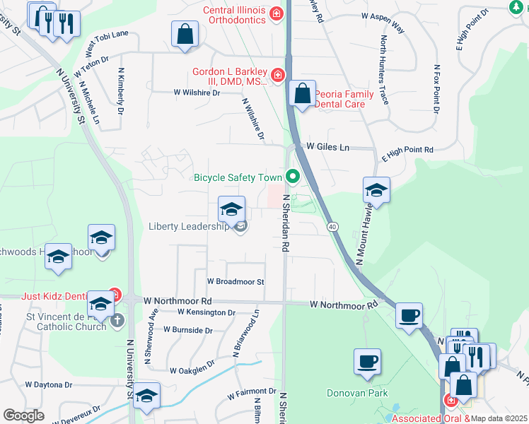 map of restaurants, bars, coffee shops, grocery stores, and more near 722 West Pine Hill Lane in Peoria