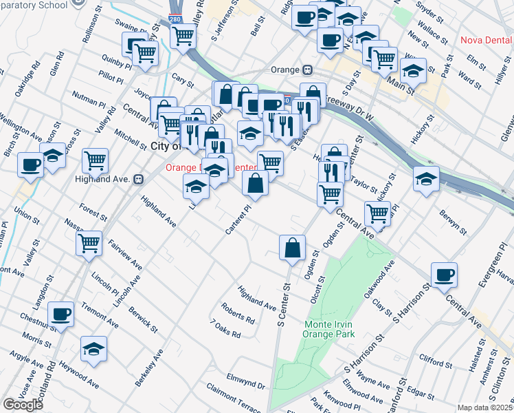 map of restaurants, bars, coffee shops, grocery stores, and more near 352 Central Avenue in City of Orange