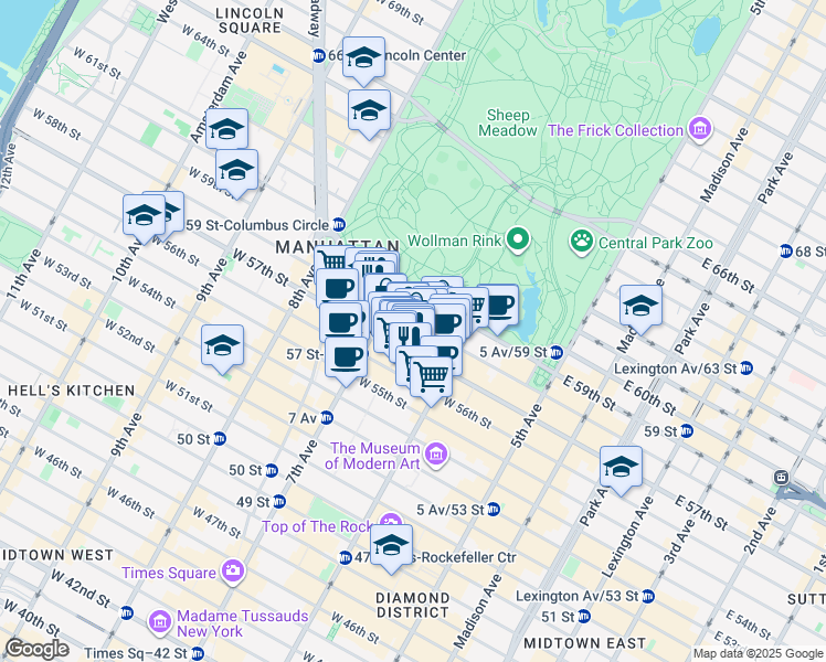 map of restaurants, bars, coffee shops, grocery stores, and more near 150 West 58th Street in New York