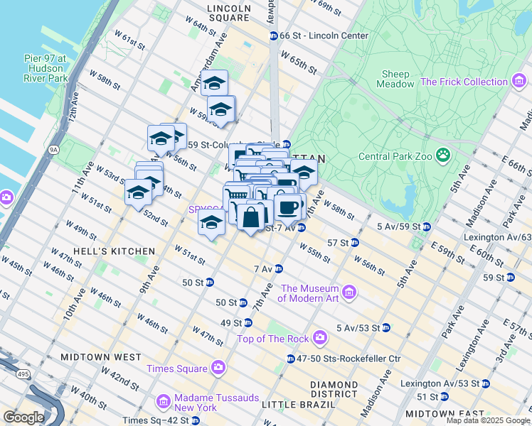map of restaurants, bars, coffee shops, grocery stores, and more near 235 West 55th Street in New York