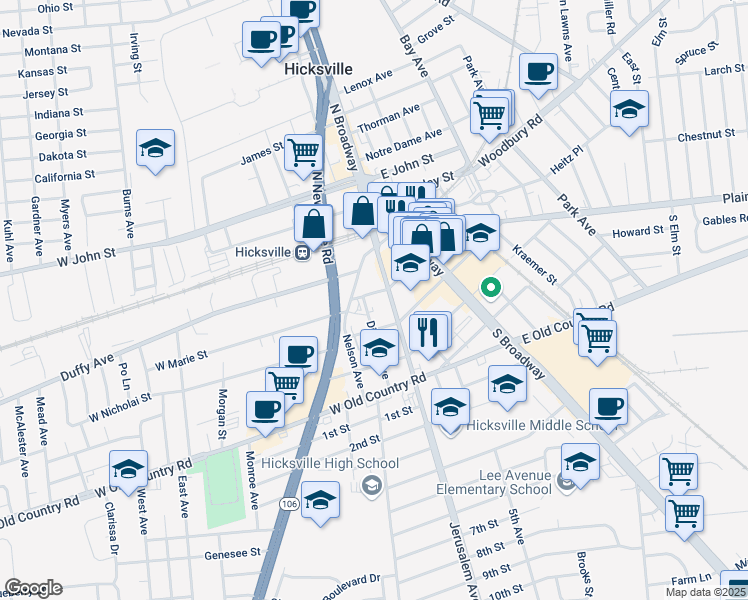 map of restaurants, bars, coffee shops, grocery stores, and more near 63 West Marie Street in Hicksville