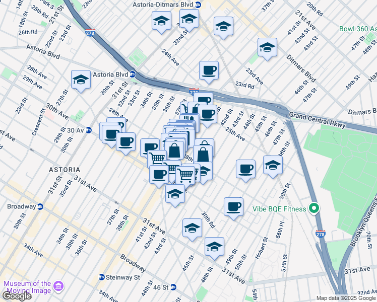 map of restaurants, bars, coffee shops, grocery stores, and more near 25-90 41st Street in Queens