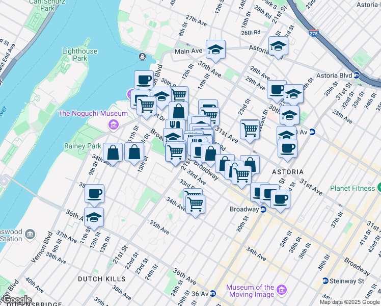 map of restaurants, bars, coffee shops, grocery stores, and more near 14-47 Broadway in Queens