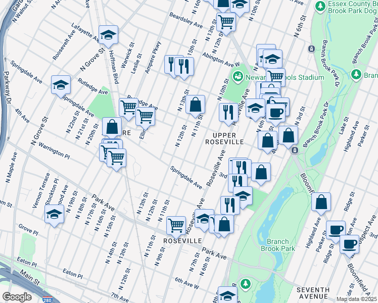 map of restaurants, bars, coffee shops, grocery stores, and more near 299 North 11th Street in Newark