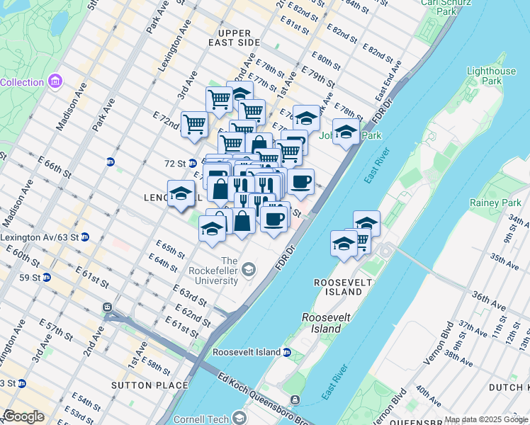map of restaurants, bars, coffee shops, grocery stores, and more near York Ave & E 70th St in New York
